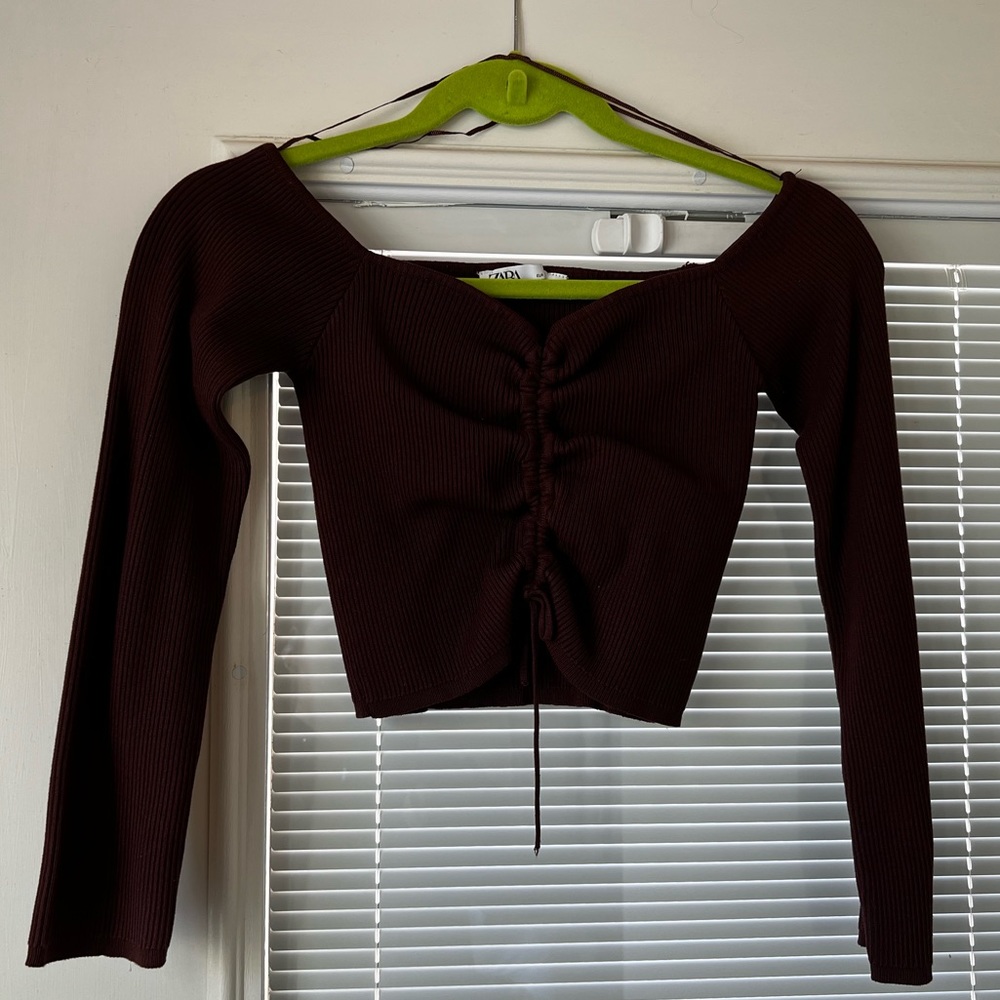 ZARA - brown, off the shoulder, long sleeve top